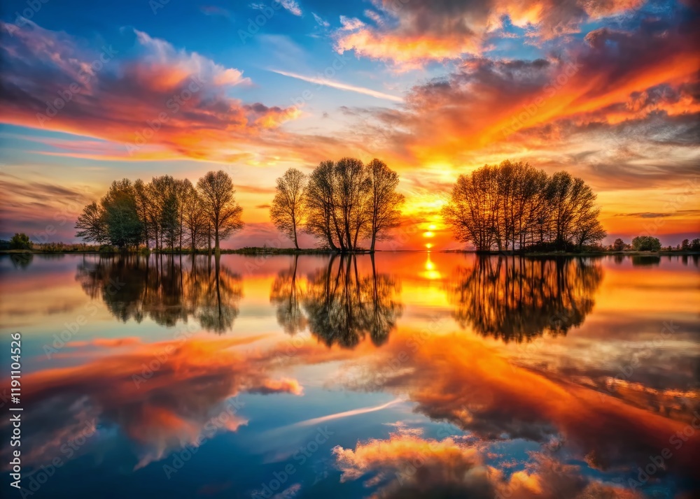 Surreal Sunset Lake Reflection: Symmetrical Orange Sky & Calm Water Landscape Surreal Sunset Lake Reflection: Symmetrical Orange Sky & Calm Water Landscape
