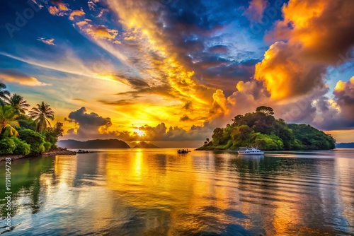 Surreal Sunset over Portobelo Bay, Panama: Dreamlike Coastal Landscape photo