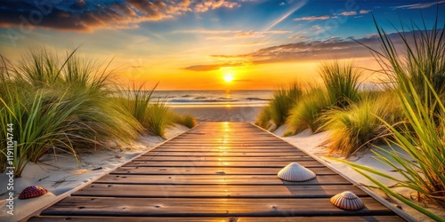 Serene Sunset Beach Boardwalk Pathway Leading into a Tranquil Landscape – Perfect for Travel, Adventure, and Outdoor Design Projects