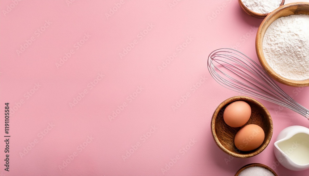 eggs in a bowl. Baking background. Food ingredients for baking flour, eggs, sugar on pink background flat eggs in a bowl. Baking background. Food ingredients for baking flour, eggs, sugar on pink background flat