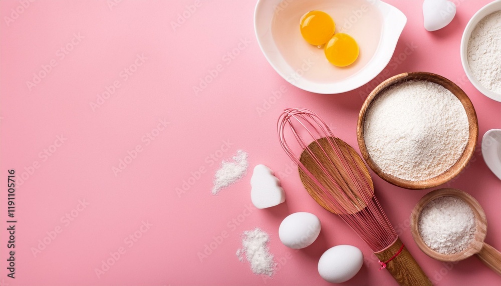 eggs in a bowl. Baking background. Food ingredients for baking flour, eggs, sugar on pink background flat eggs in a bowl. Baking background. Food ingredients for baking flour, eggs, sugar on pink background flat
