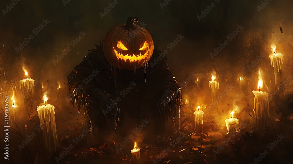 Fototapeta premium Golem with a pumpkin head surrounded by flickering candles in the dark