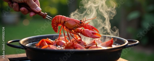 A hand holding a fresh lobster above a steaming pot, showcasing delicious seafood cooking. photo