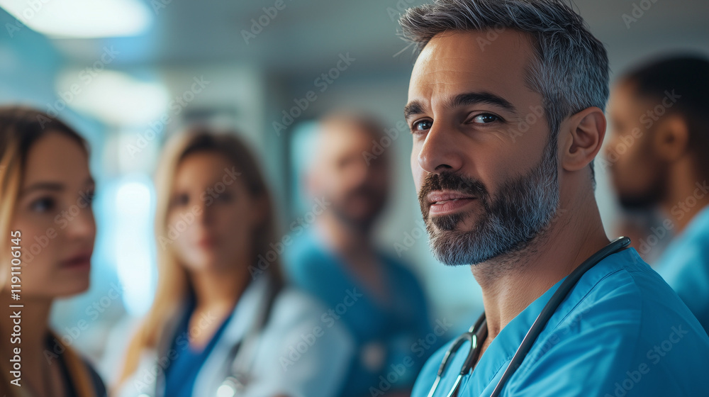 Confident Doctor Leading Team: A serious, middle-aged male doctor with salt and pepper hair and beard stands in the foreground, conveying confidence and experience. Behind him. Confident Doctor Leading Team: A serious, middle-aged male doctor with salt and pepper hair and beard stands in the foreground, conveying confidence and experience. Behind him.