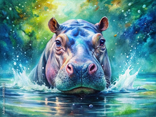 Surreal Watercolor Hippo Portrait: Emerging from Water, Wildlife Art photo