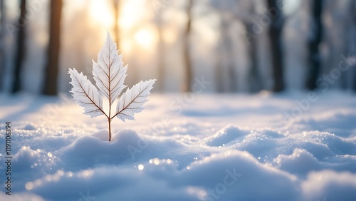 Winter season outdoors landscape, frozen plants in nature on the ground covered with ice and snow, under the morning sun - Seasonal background photo