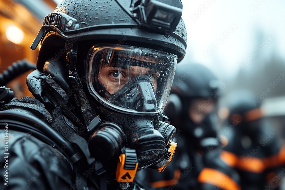 Teams of emergency responders gear up in protective suits and masks, bracing for action amidst rain. The atmosphere is tense as they ready themselves for potential dangers ahead Teams of emergency responders gear up in protective suits and masks, bracing for action amidst rain. The atmosphere is tense as they ready themselves for potential dangers ahead