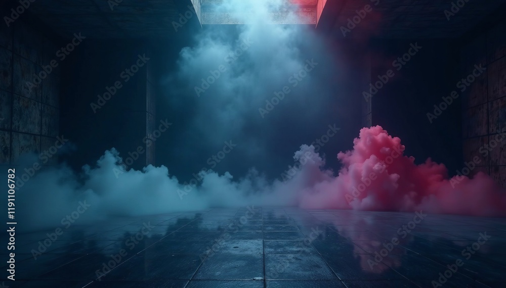 Obraz premium A moody, atmospheric space filled with colorful smoke and lighting effects.