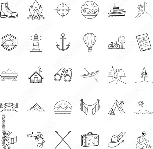 Adventure Travel Icons Hiking, Camping, Exploration, and Nature