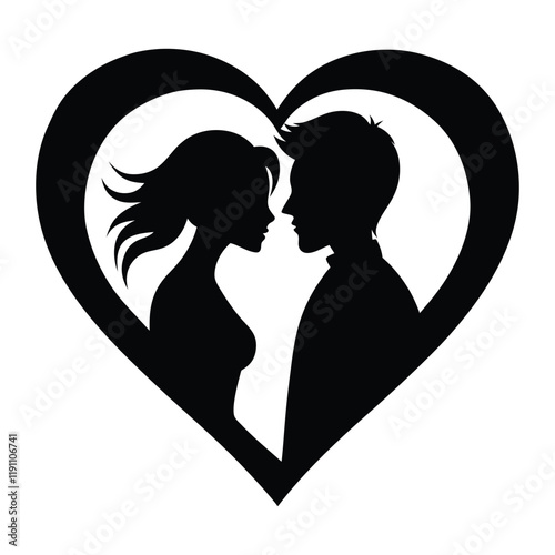 Silhouette of Romantic Couple in Heart Frame.  Valentine's Day Couple Silhouette in Heart Outline.  Loving Couple Inside Romantic Heart Shape.