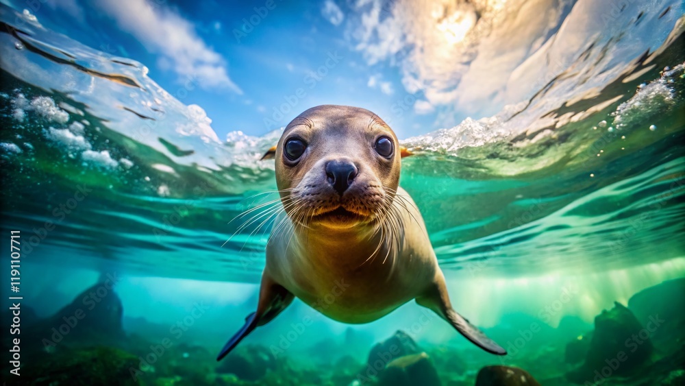 Fototapeta premium Svalbard Sea Lion: Underwater Arctic Wildlife Photography with Bokeh Effect
