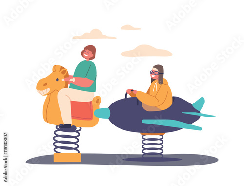 Children Boy and Girl Characters Joyfully Swinging On Horse and Plane Spring Swings, Giggling And Fun, Illustration