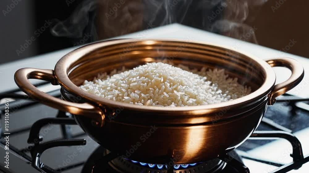 Cooking rice perfectly in a traditional pot on a gas stove with steam ...