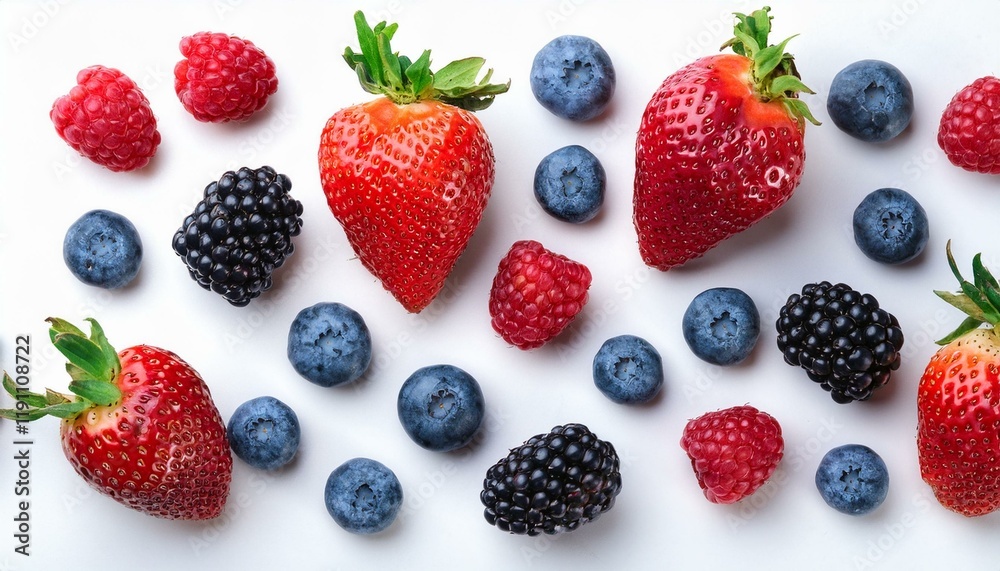 strawberries and blueberries. Strawberry, blueberry, blackberry, raspberry on white background, top view. Berries pattern, strawberries and blueberries. Strawberry, blueberry, blackberry, raspberry on white background, top view. Berries pattern,