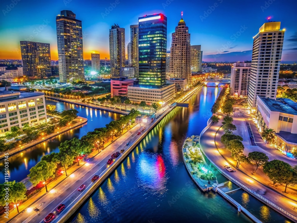 Fototapeta premium Tampa Riverwalk Night Aerial Photography: Illuminated Cityscape & River