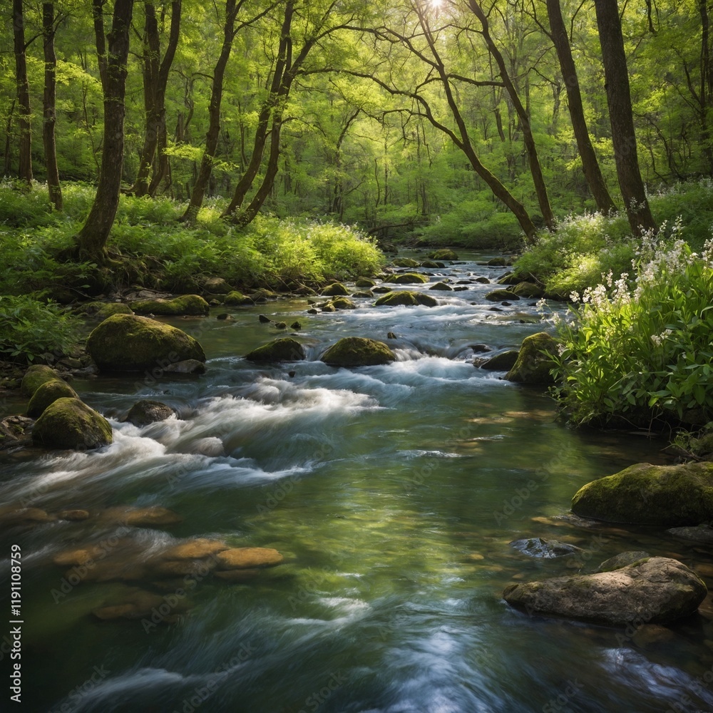 The scene depicts a tranquil river winding through a vibrant spring forest. Sunlight filters through the lush green canopy, casting dappled patterns on the water's surface. The scene depicts a tranquil river winding through a vibrant spring forest. Sunlight filters through the lush green canopy, casting dappled patterns on the water's surface.