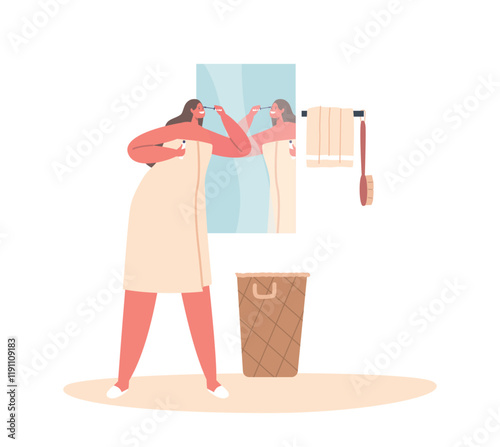 Attractive Young Woman Wrapped in Bath Towel Applying Mascara Cosmetics front of the Bathroom Mirror Vector Illustration
