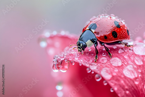 a ladybug sitting on a pink flower with water droplets photo