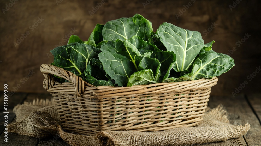 A rustic wooden basket filled with fresh collard greens, isolated on a textured burlap background A rustic wooden basket filled with fresh collard greens, isolated on a textured burlap background