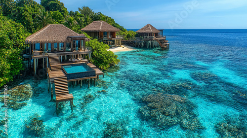 View of villas on a tropical beach with steps leading into crystal-clear water and a walking bridge connecting each villa to the land beach. Suitable for marketing or business purposes photo