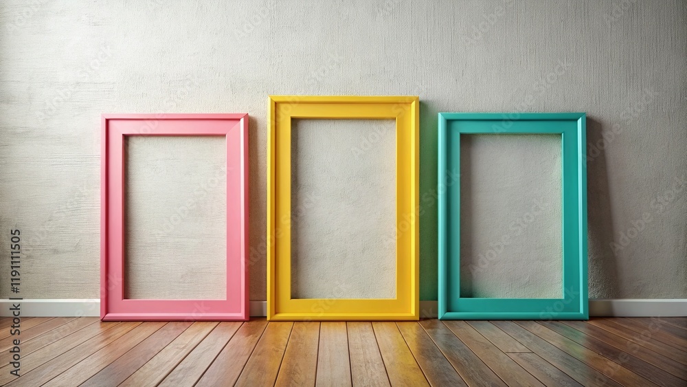 Fototapeta premium Three Empty Picture Frames Mockup: Left-Aligned, Ample Copy Space for Design Inspiration