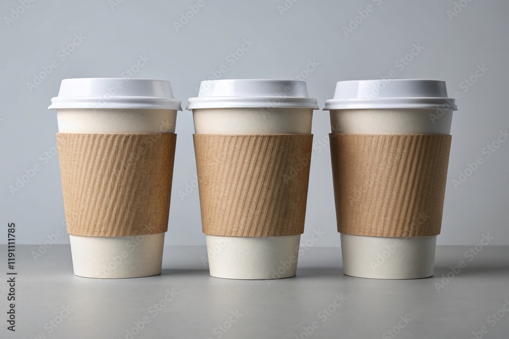 Three Paper Coffee Cups with Sleeves Mockup - Isolated on Light Grey Background - High Resolution Three Paper Coffee Cups with Sleeves Mockup - Isolated on Light Grey Background - High Resolution