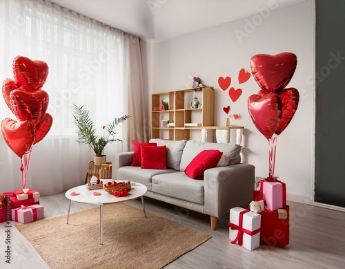 Generated image Interior of light living room decorated for Valentine's Day with sofa, table and gifts