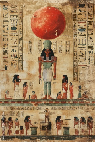 Ancient Egyptian tomb painting; pharaoh, sun, hieroglyphs. photo