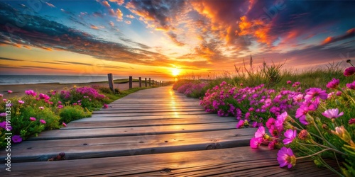 Serene Pink Flower Boardwalk Pathway Leading into a Tranquil Landscape – Perfect for Travel, Adventure, and Outdoor Design Projects