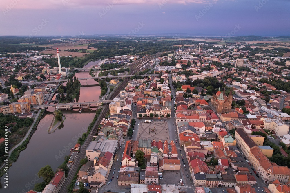 Fototapeta premium Kolin city center aerial panorama highlighting the picturesque old town square and its charming historical architecture Bohemia,Czech republic,