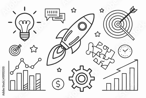 "Create a black-and-white line art illustration representing business growth and innovation. Include elements such as a rocket launching, upward-trending bar graphs, a target with an arrow hitting the