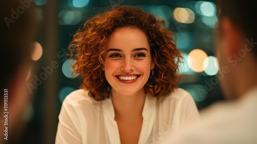 A smiling woman with curly hair enjoys a lively conversation  surrounded by a warm ambiance and soft lighting.