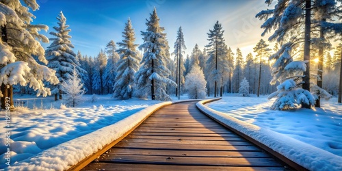 Serene Winter Snow Boardwalk Pathway Leading into a Tranquil Landscape – Perfect for Travel, Adventure, and Outdoor Design Projects