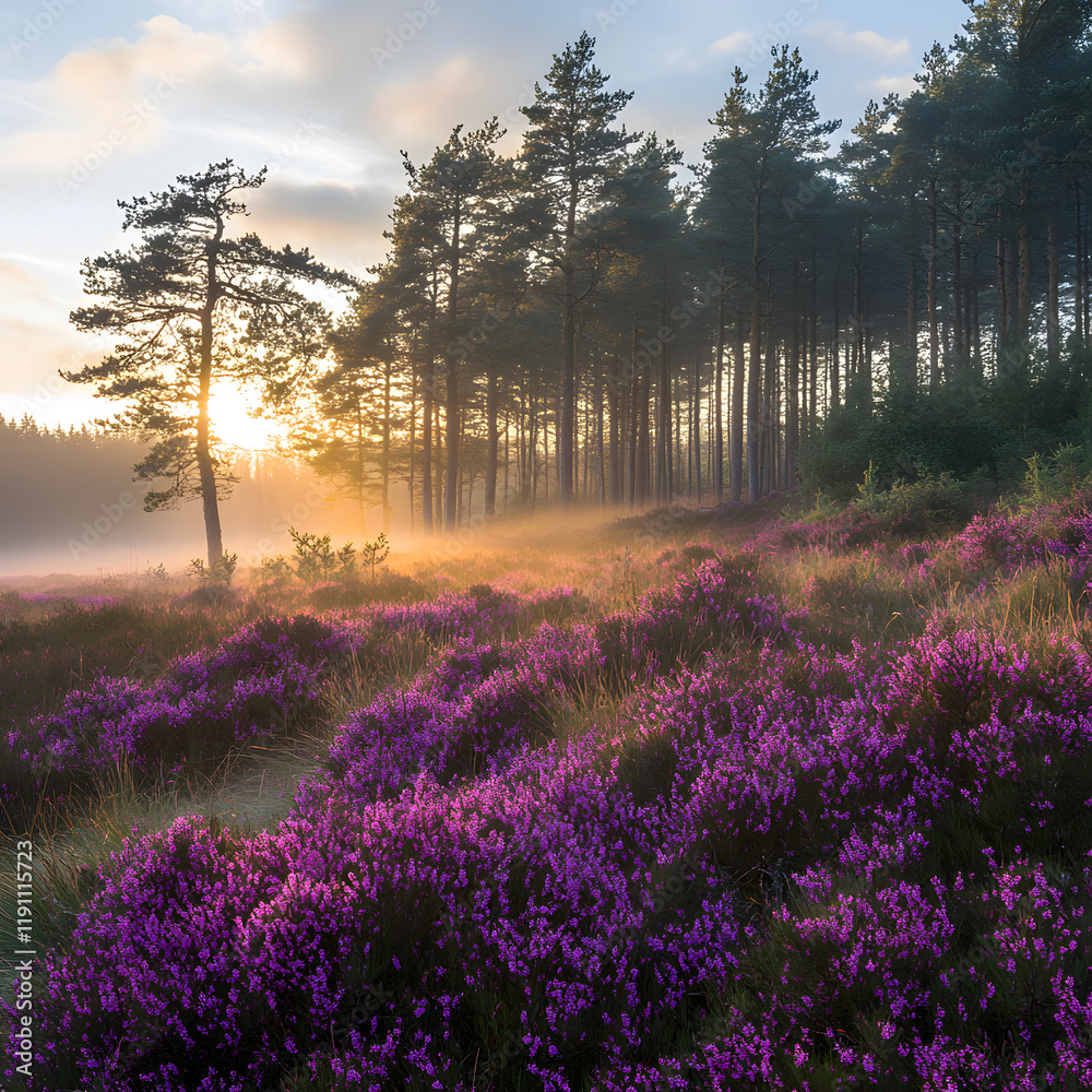 Sunrise illuminates a field of purple heather, bathed in morning mist, with tall pines silhouetted against the golden light. Sunrise illuminates a field of purple heather, bathed in morning mist, with tall pines silhouetted against the golden light.