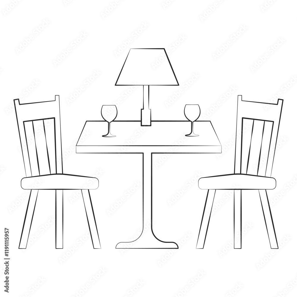 Outlines of two chairs and a table with a lamp and two glasses. Side view. A table for a couple. Outlines of two chairs and a table with a lamp and two glasses. Side view. A table for a couple.