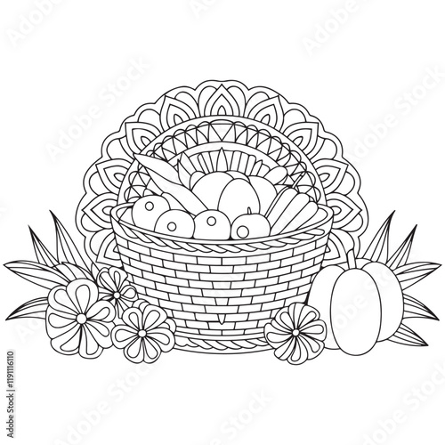 Basket full of fruits and vegetables outline coloring page. Thanksgiving hand drawn colouring