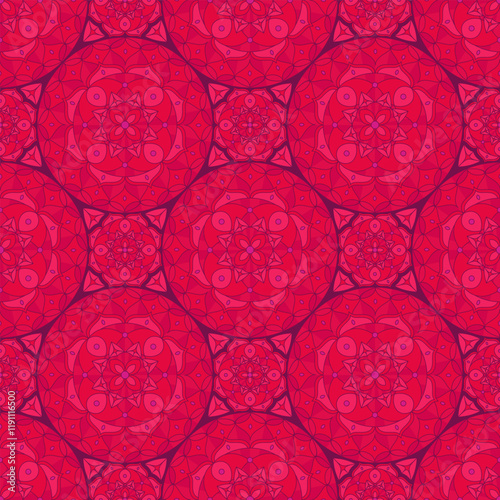 Seamless pattern with pink Indian floral ornament for fabric swatch or wrapping paper. Vector vivid abstract kaleidoscopic background