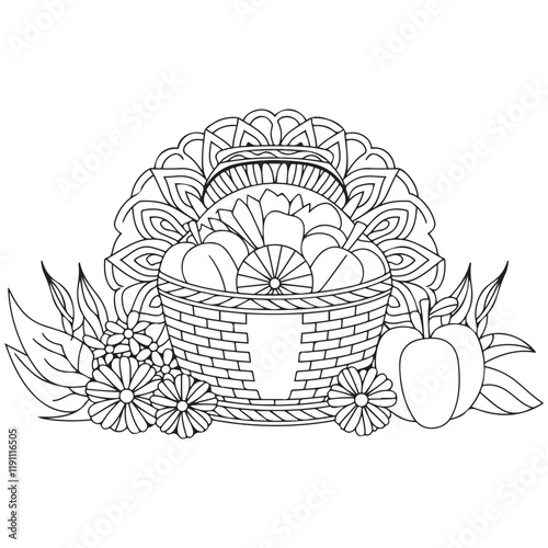 Basket full of fruits and vegetables outline coloring page. Thanksgiving hand drawn colouring