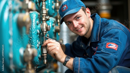Portrait of a smiling young male technician working on teal industrial machinery, showcasing expertise and professionalism in a technical setting.