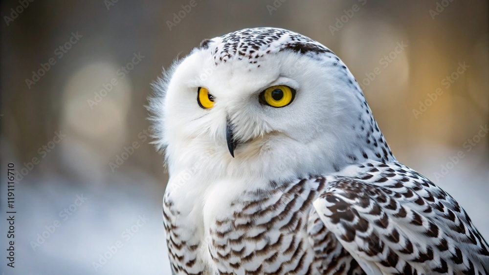 Obraz premium Majestic Snowy Owl Portrait: A stunning close-up of a snowy owl, its piercing yellow eyes and intricate black and white plumage captivating against a softly blurred background.