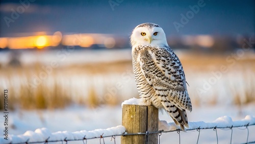 Snowy Owl at Sunset: A majestic snowy owl perches on a snow-covered fence post, silhouetted against a vibrant sunset. photo