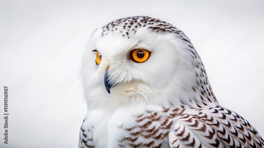 Obraz premium Snowy Owl's Gaze: A captivating portrait of a majestic snowy owl, its piercing yellow eyes fixed on the viewer, against a muted background.