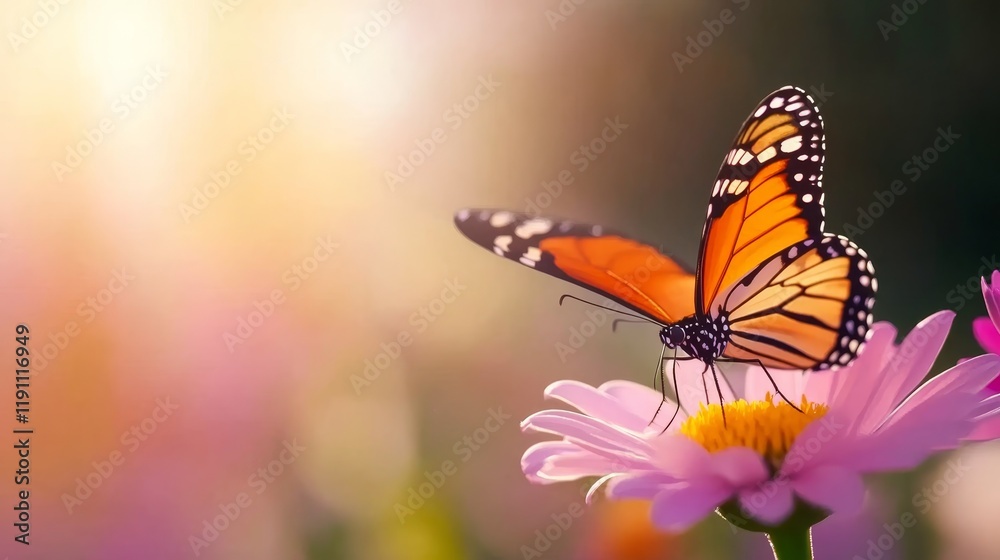 Obraz premium A vibrant butterfly perched on a flower in a soft, colorful garden setting.
