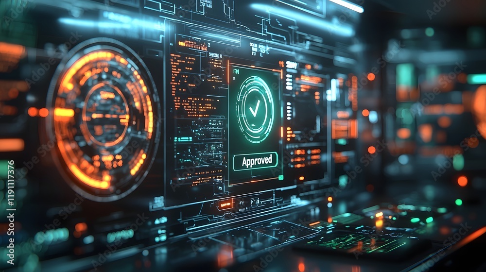 Futuristic Holographic Loan Approval System with Financial Analytics and Glowing Approval Button Futuristic Holographic Loan Approval System with Financial Analytics and Glowing Approval Button