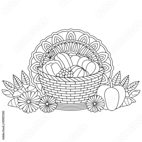 Basket full of fruits and vegetables outline coloring page. Thanksgiving hand drawn colouring