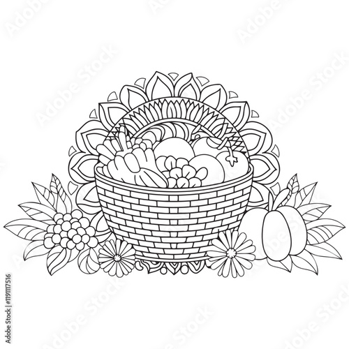 Basket full of fruits and vegetables outline coloring page. Thanksgiving hand drawn colouring