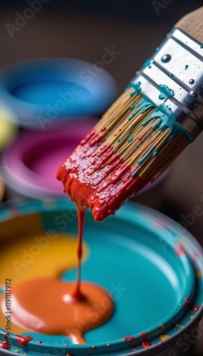 Close-up of a paintbrush dipped in vibrant red paint over colorful palettes. photo