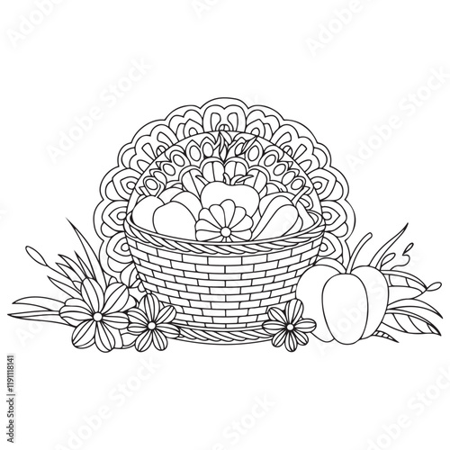 Basket full of fruits and vegetables outline coloring page. Thanksgiving hand drawn colouring