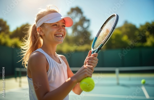 Cheerful girl plays tennis on court. Smiling girl in summer holds tennis racket and ball. Girl enjoys sport activity. Active lifestyle. Summer outdoor fun. Tennis game in progress. photo