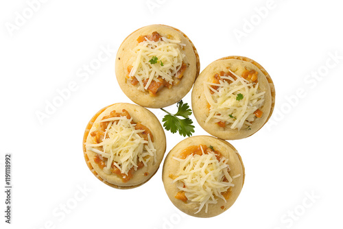 top view of traditional salvadoran pupusas with shredded cheese and vegetable toppings isolated on transparent or white background png photo